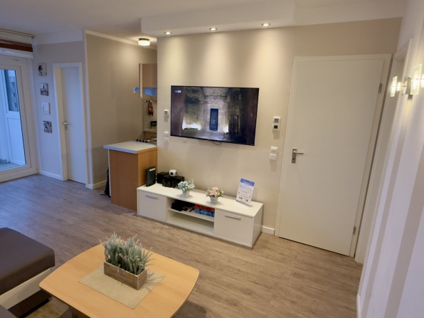 Heller Wohnbereich der Ferienwohnung Steuerbord im Ferienpark Heiligenhafen mit Sofa, TV und offener Küchenzeile